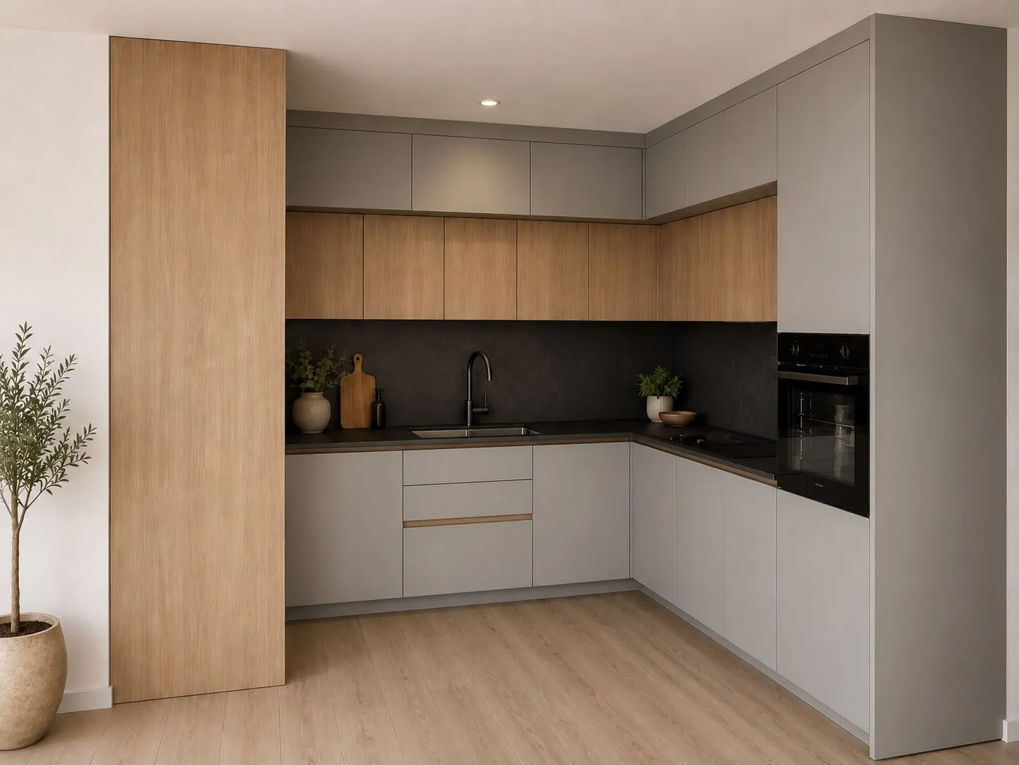 Handleless two-tone kitchen with dark stone counters and a full-height cabinet wall