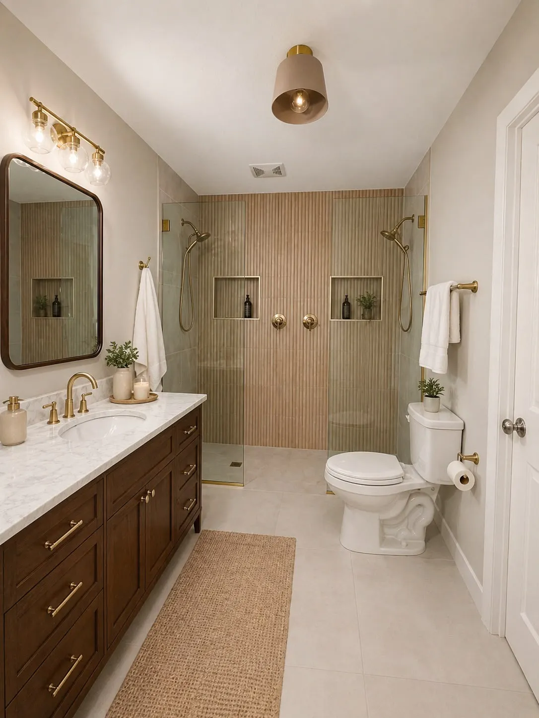 Curbless double shower in fluted tile with brass fittings and a walnut vanity