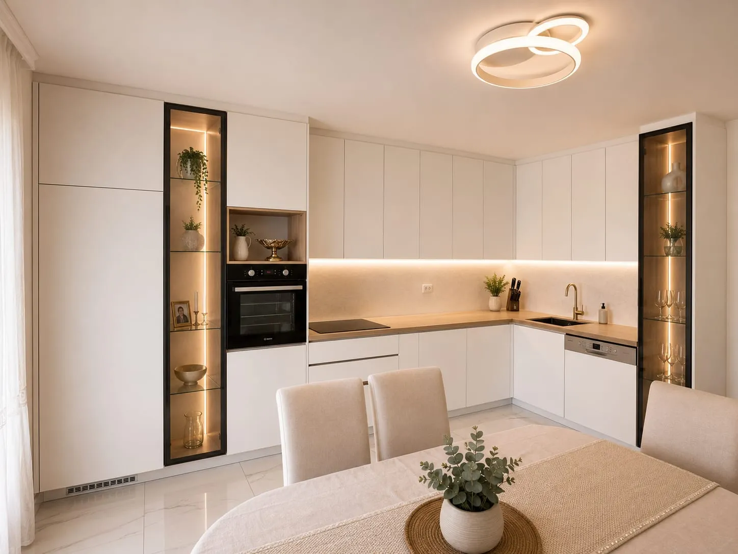 Handleless white kitchen with a wood counter and lit display cabinets
