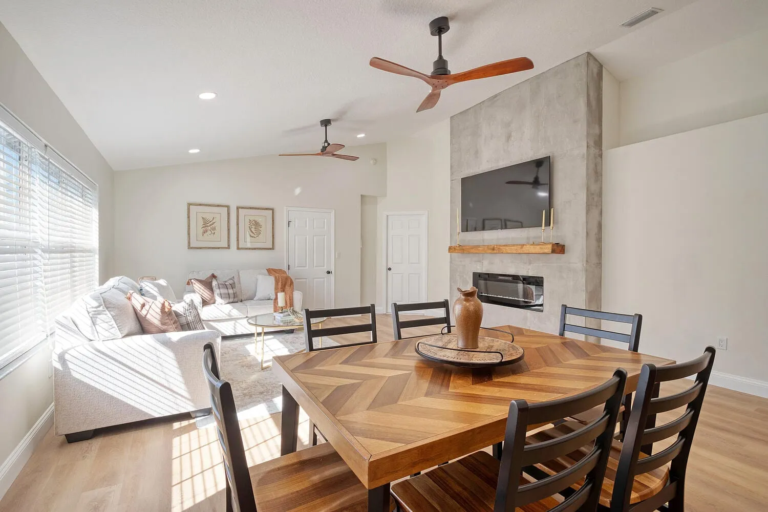 Open-plan living and dining room with a concrete fireplace wall