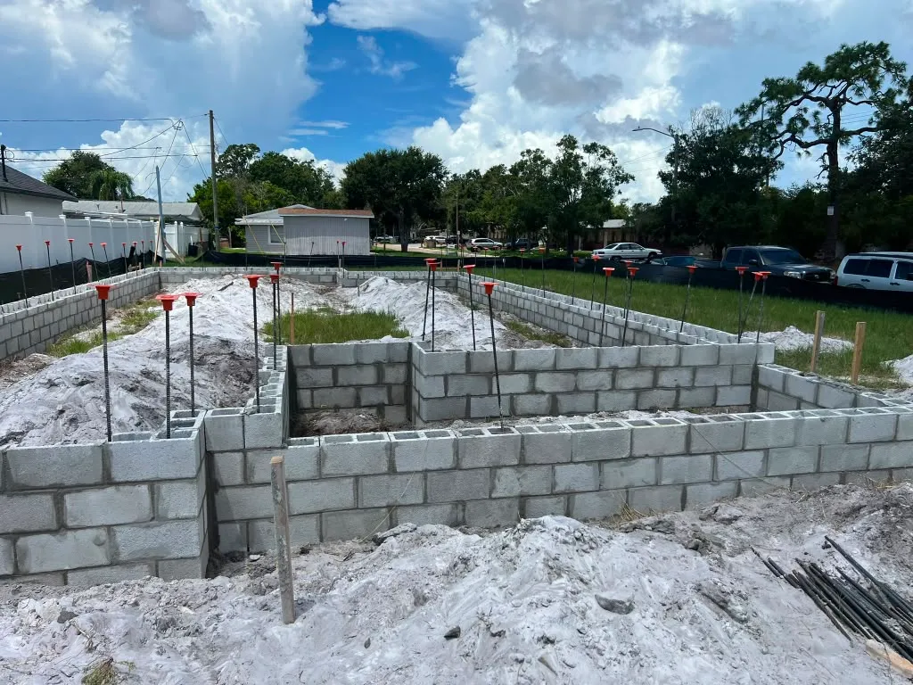 Block stem walls laid with vertical reinforcing steel in place